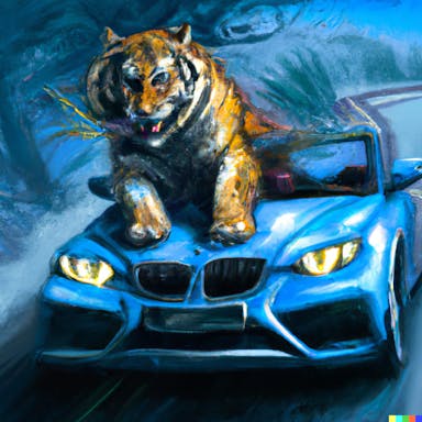 DALL·E 2022-09-30 21.52.44 - a tiger driving a blue BMW, digital painting, epic.png