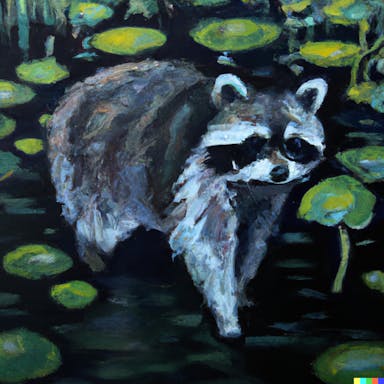 DALL·E 2022-08-04 21.26.19 - painting of a raccoon walking on lily pads, in the style of Monet, sombre, cautious.png