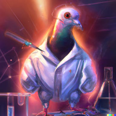 DALL·E 2022-07-25 23.02.36 - pigeon dressed in a white lab coat doing science experiments, digital art in the style of solarpunk, bright colours and light flares, ar 1_1.png