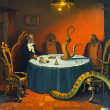 DALL·E 2022-08-04 21.56.56 - a snake sitting in a boardroom at a table, oil painting in the style of Goya.png