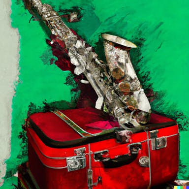 DALL·E 2022-09-29 15.07.11 - a tattered red suitcase, with a white green red and copper saxophone made from recycled material, leaning against the side of the suitcase, fantasy di.png
