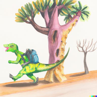 DALL·E 2022-08-04 18.18.48 - watercolor of a green dinosaur with a backpack, driving past a baobab.png