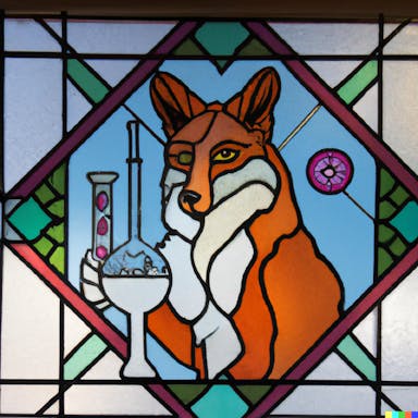 DALL·E 2022-07-25 23.04.59 - stained glass window depicting a fox wearing a white lab coat in a science lab.png