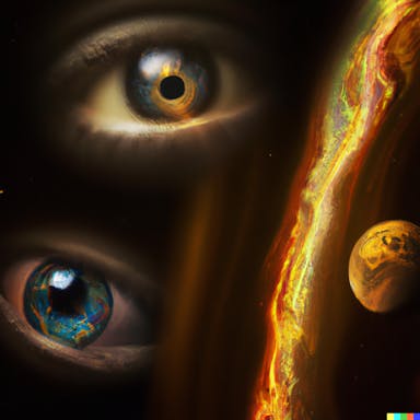 DALL·E 2022-08-04 18.44.56 - eyes like planets in the solar system, nebula backdrop, golden waterfall on the left hand side, fantasy digital art.png