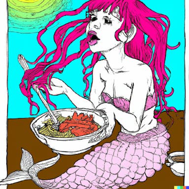 DALL·E 2022-10-06 18.37.40 - a mermaid eating a bowl of spaghetti bolognaise, illustrative children's book line drawing, vibrant bright opera rose pink, high detail.png