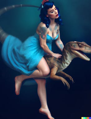 DALL·E 2022-09-30 19.48.28 - pin up girl with tattoos riding a velociraptor, fantasy art, ethereal, digital artwork, high resolution .png