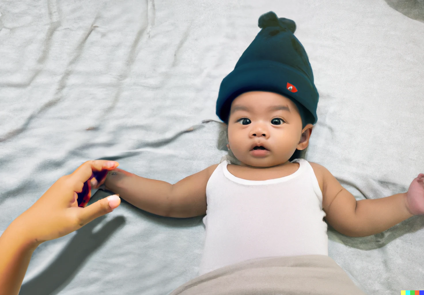 DALL·E 2022-09-29 12.58.02 - wide shot photo of an asian baby wearing a beanie, lying on its back, on a bed, in a bare room.png