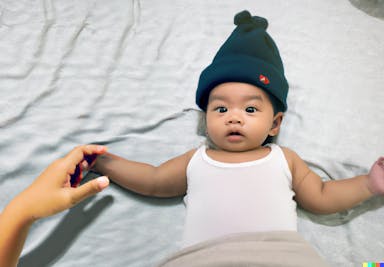 DALL·E 2022-09-29 12.58.02 - wide shot photo of an asian baby wearing a beanie, lying on its back, on a bed, in a bare room.png