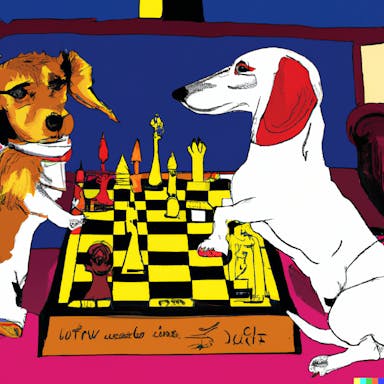 DALL·E 2022-09-30 19.06.05 - a jack Russell terrier playing chess against a long hair golden dachshund on a private plane, painting in the style of Andy Warhol .png