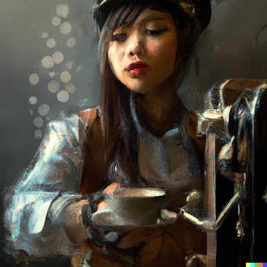 DALL·E 2022-09-02 12.43.18 - steampunk barista making coffee, dramatic action, oil painting, large brush strokes, 8K, high resolution, .png
