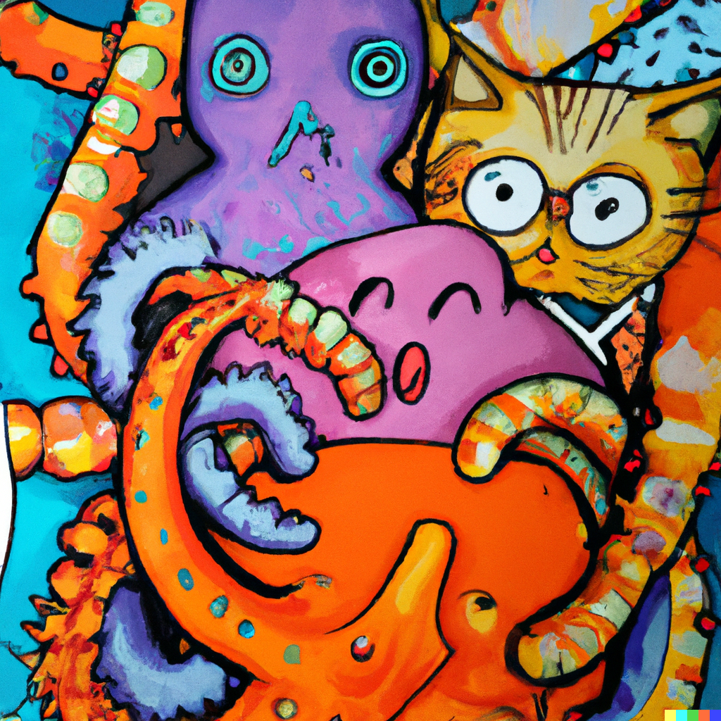 DALL·E 2022-09-30 23.16.01 - octopus hugging a bear, with two ginger cats in the background, graffiti art, colourful.png