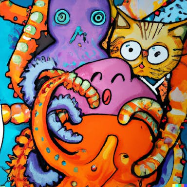 DALL·E 2022-09-30 23.16.01 - octopus hugging a bear, with two ginger cats in the background, graffiti art, colourful.png
