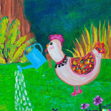 DALL·E 2022-08-04 19.56.05 - painting of a chicken watering her garden, whimsical.png