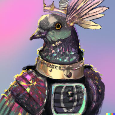DALL·E 2022-07-25 23.00.51 - a pigeon dressed as a queen, digital art in the style of solarpunk, bright colours.png