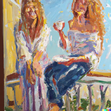 DALL·E 2022-08-04 23.24.46 - oil painting of a girl with blonde hair and a girl with brown hair sitting on a balcony in the style of van gogh, very sunny, drinking coffee, happy, .png