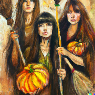 DALL·E 2022-10-06 19.08.41 - three witches with brown hair holding brooms, surrounded by pumpkins, renaissance impressionist painting, soft, whimsical, light.png