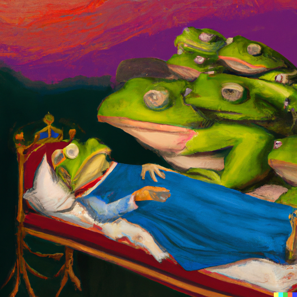 DALL·E 2022-09-30 22.24.23 - Painting in the style of Hieronymus Bosch_ "I was having the most horrible dream last night.  I was being chased by these evil frogs".png