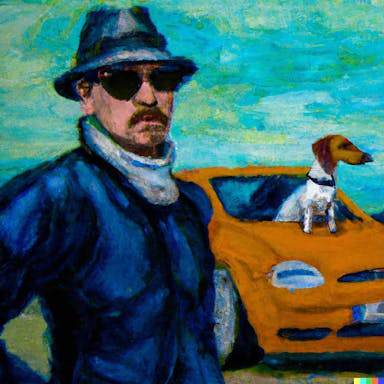 DALL·E 2022-08-04 18.54.44 - Heisenberg from Breaking Bad, driving a mclaren with his Daschund, oil painting in the style of Monet.png