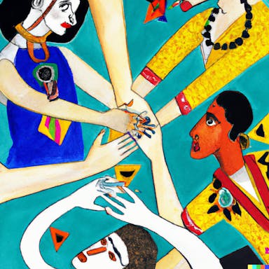 DALL·E 2022-09-30 19.30.22 - wide shot of a group of humans holding hands, in the style of Frida Kahlo and cubism, uplifting, soul searching, connection.png