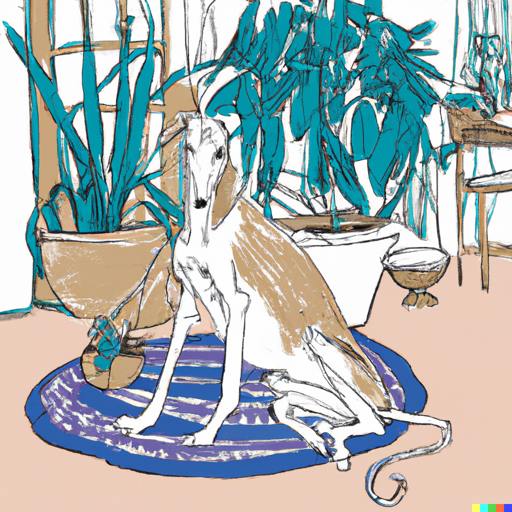 DALL·E 2022-08-04 20.08.43 - greyhound on a Turkish carpet in a greenhouse with potplants, comic book drawing in the style of TinTin.png