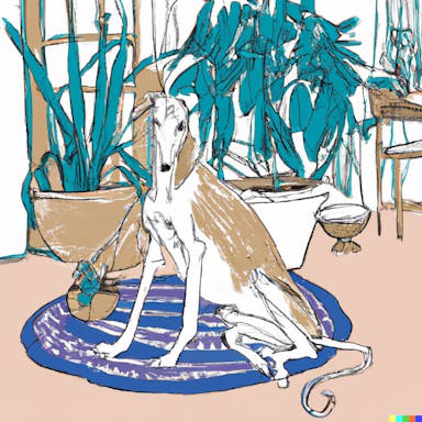 DALL·E 2022-08-04 20.08.43 - greyhound on a Turkish carpet in a greenhouse with potplants, comic book drawing in the style of TinTin.png