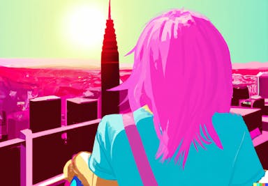 DALL·E 2022-10-28 21.13.05 - lady with pink hair, in the style of pop art, skyline of a big city, Cape Town.png