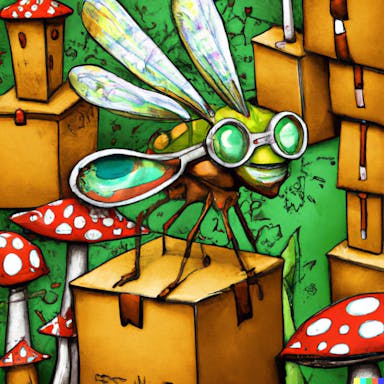 DALL·E 2022-09-30 22.09.11 - painting of a dragonfly with nerdy glasses delivering boxes in a mushroom city.png