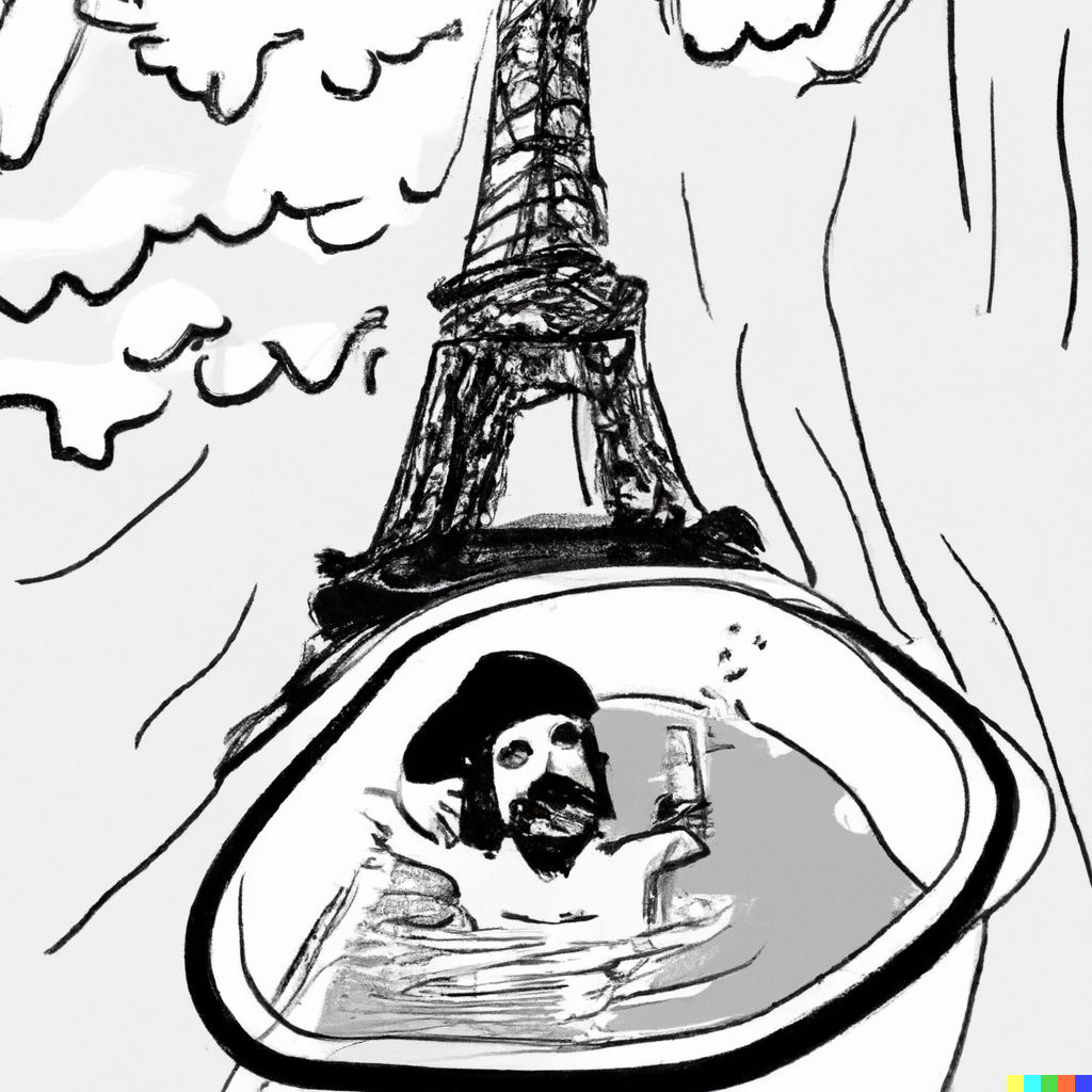DALL·E 2022-09-30 21.22.28 - Che Guevara riding in a bathtub down the Eiffel Tower, black and white.png