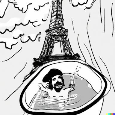 DALL·E 2022-09-30 21.22.28 - Che Guevara riding in a bathtub down the Eiffel Tower, black and white.png