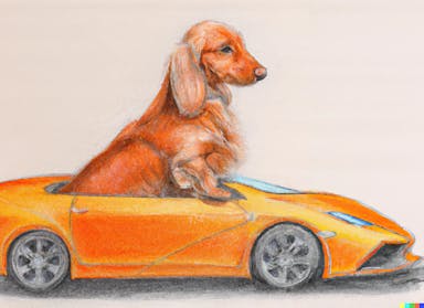 DALL·E 2022-09-30 18.58.02 - A long-haired golden Daschund puppy driving a orange McLaren, color pencil sketch by Leonardo da Vinci.png