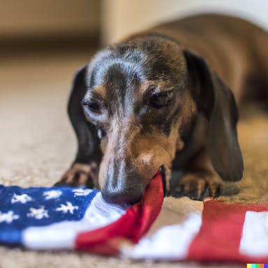 DALL·E 2022-10-06 20.32.29 - a dachshund chewing an american flag, photorealistic, high resolution, 35mm lens, f1.8.png