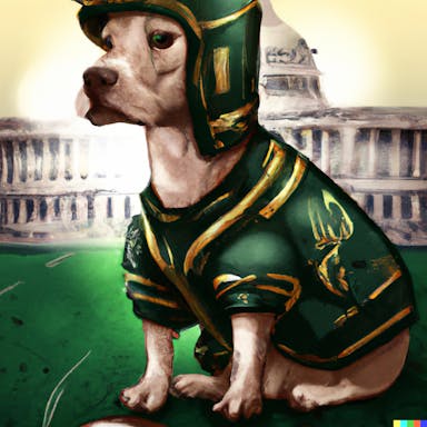DALL·E 2022-09-30 18.19.48 - a Shina Ibu puppy as an American football player,  at Buckingham Palace, fantasy digital art, epic, muted, green.png