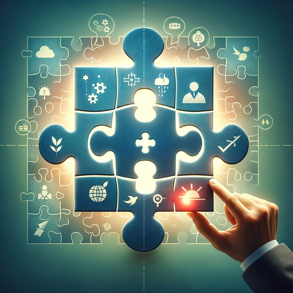 DALL·E 2024-02-13 10.43.10 - An image that symbolizes the concept of selecting the right outsourced team. It features a large puzzle piece fitting perfectly into a puzzle, represe.webp