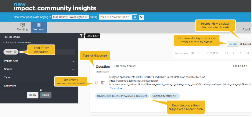 Screenshot of Community Insights Verbatim view