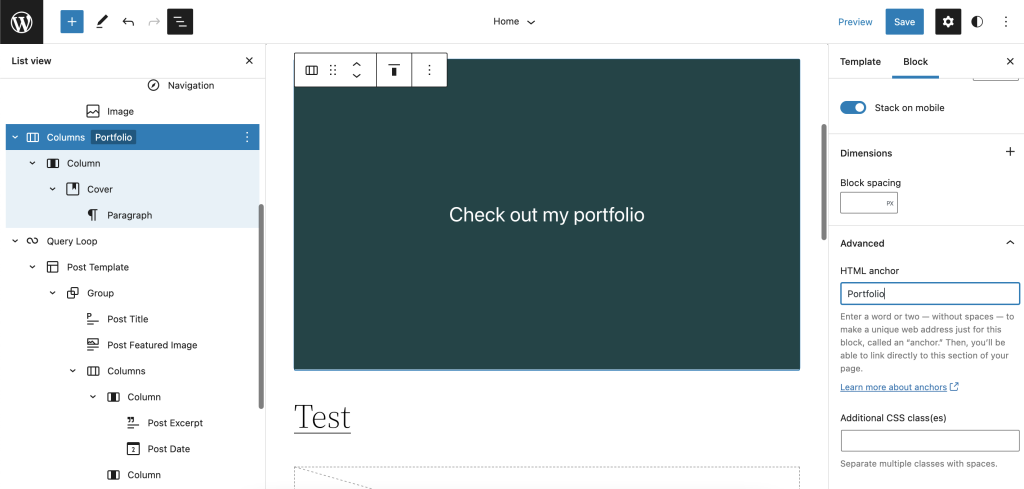 Image showing a portfolio section in List View thanks to an HTML anchor added to the block. 
