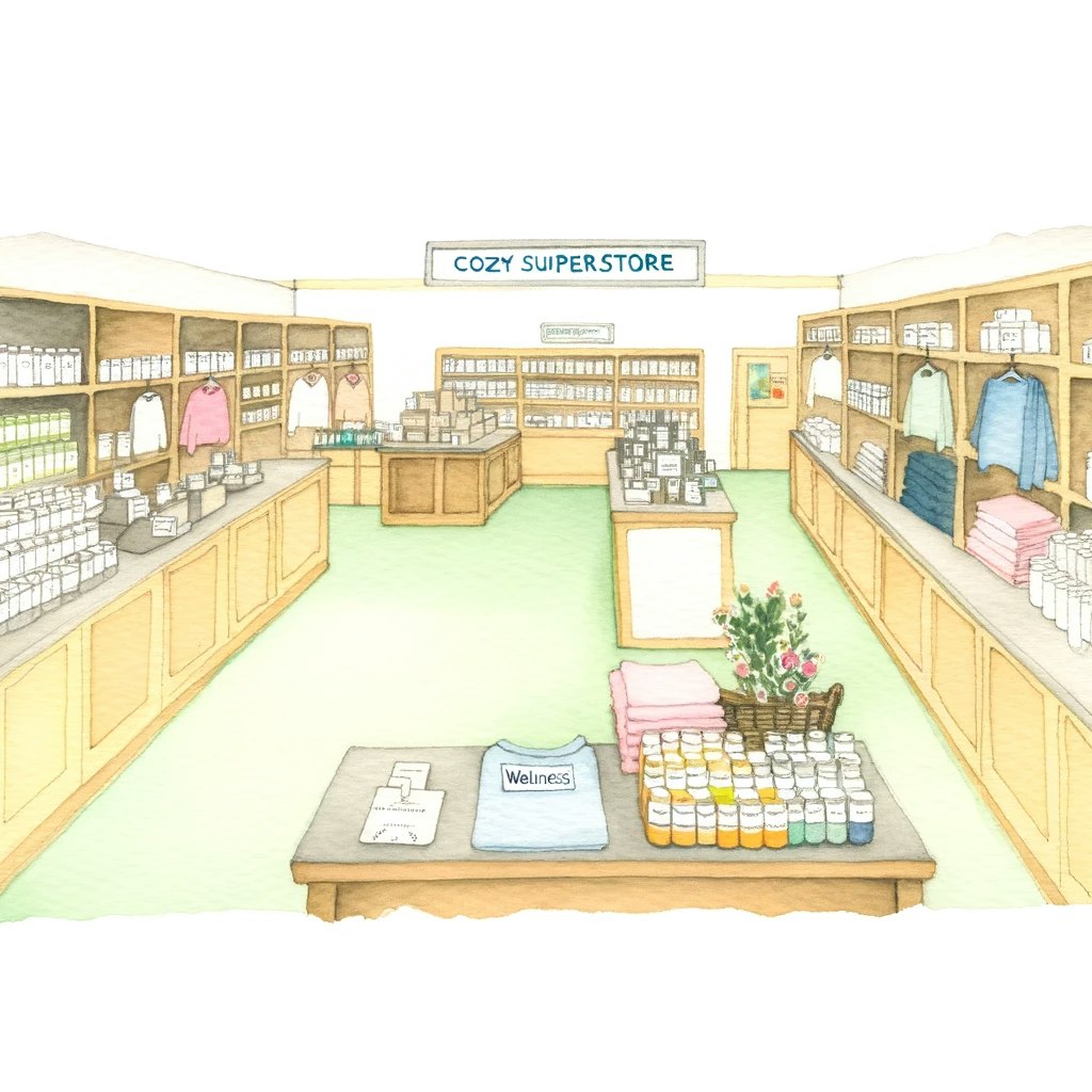 DALL·E 2024-02-08 18.34.50 - A quaint and simple watercolour illustration of a cozy superstore. The store is filled with shelves and sections clearly dedicated to wellness candles.webp