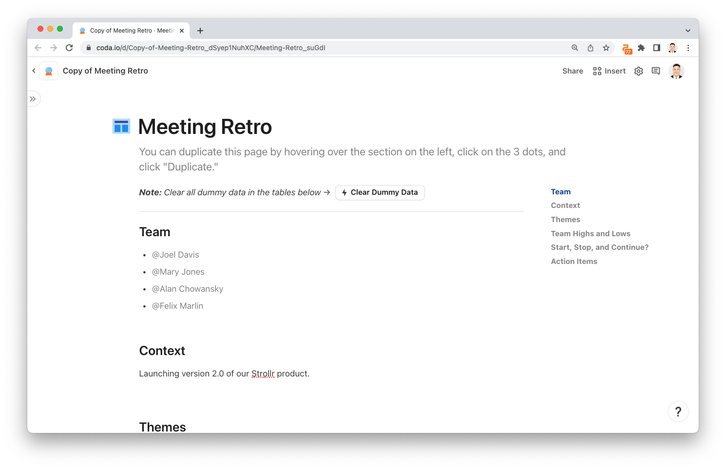Free retrospective meeting template used to collect and track learnings and feedback on team projects