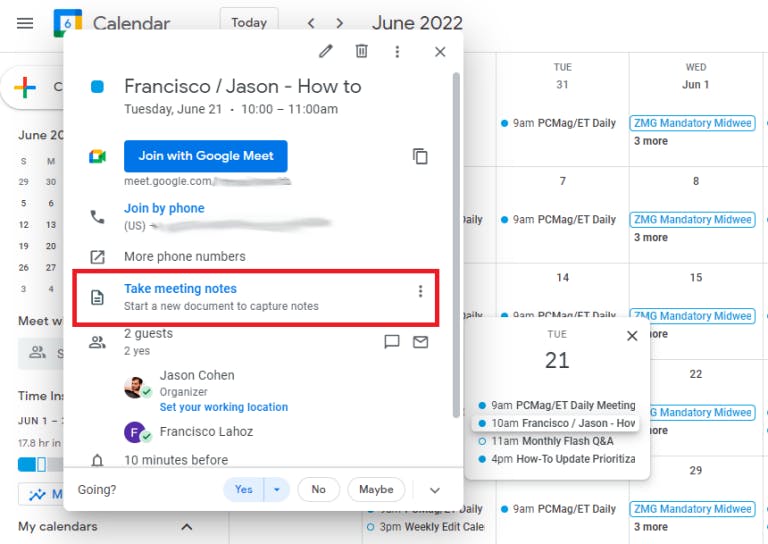meeting notes for calendar events