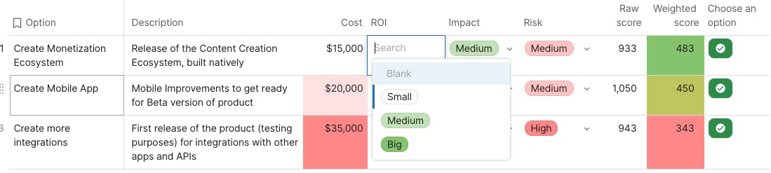 Decision matrix table that shows how to rank the criteria for each option. This is showing how to rank ROI as small, for example.