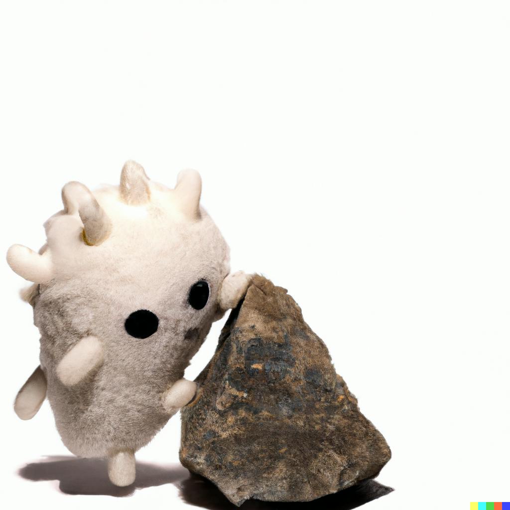 DALL·E 2023-06-27 12.01.36 - a photorealistic image a white fuzzy monster of style funko pop kawaii, lifting a rock over its head,  background is blank..png