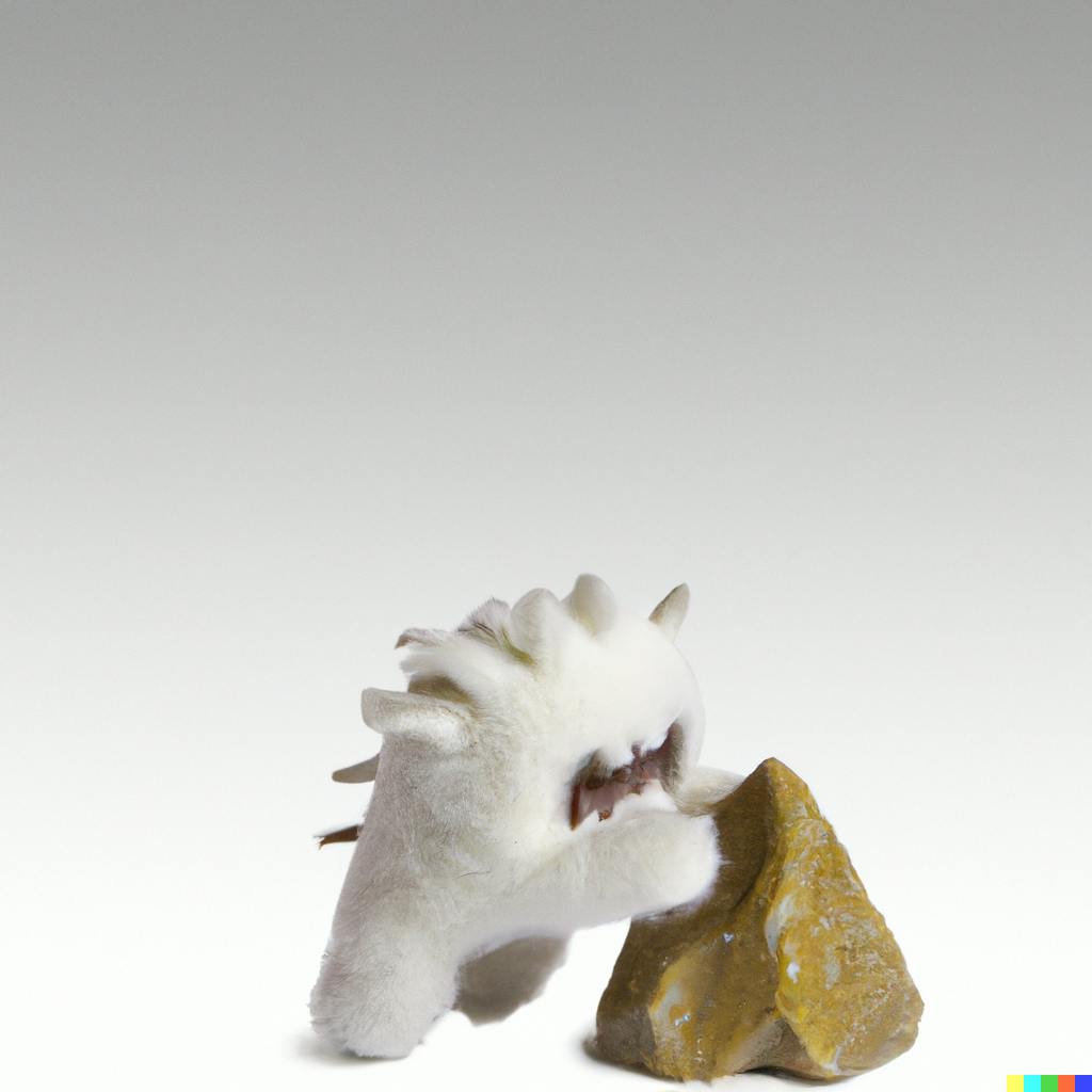 DALL·E 2023-06-27 11.49.41 - a photorealistic image a white furry monster of style funko pop kawaii, lifting a rock over its head,  background is blank..png