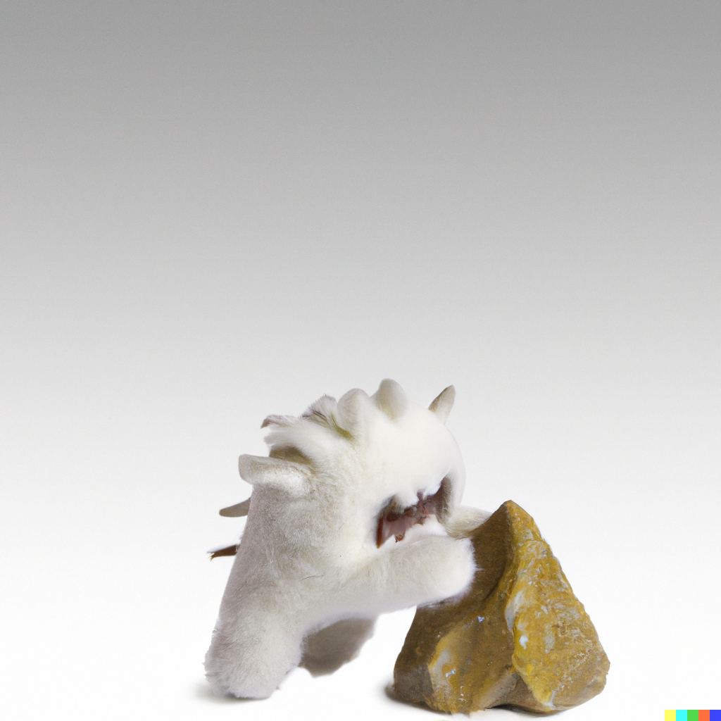 DALL·E 2023-06-27 11.49.41 - a photorealistic image a white furry monster of style funko pop kawaii, lifting a rock over its head,  background is blank..png