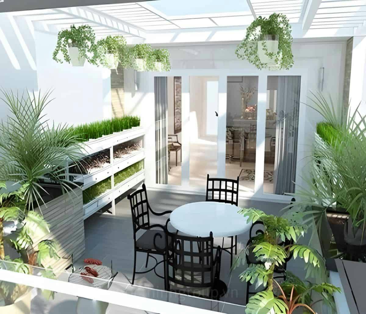 Nhà lắp ghép trên sân thượng kết hợp với tiểu cảnh sân vườn