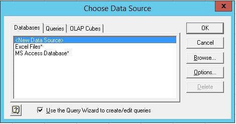 Specify a data source for a database, text file or Excel workbook.