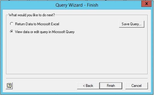 Query Wizard - Finsih interface in Microsoft Excel