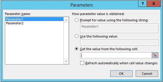 Choose how the parameter value is obtained in Microsoft Excel