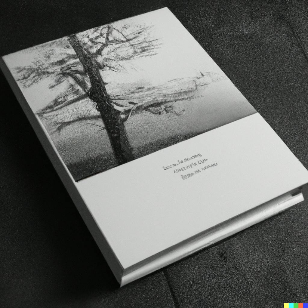 DALL·E 2023-10-25 22.34.01 - Minimalistic professionally bound photo book with vintage black and white photograph of an old growth tree on the cover.png