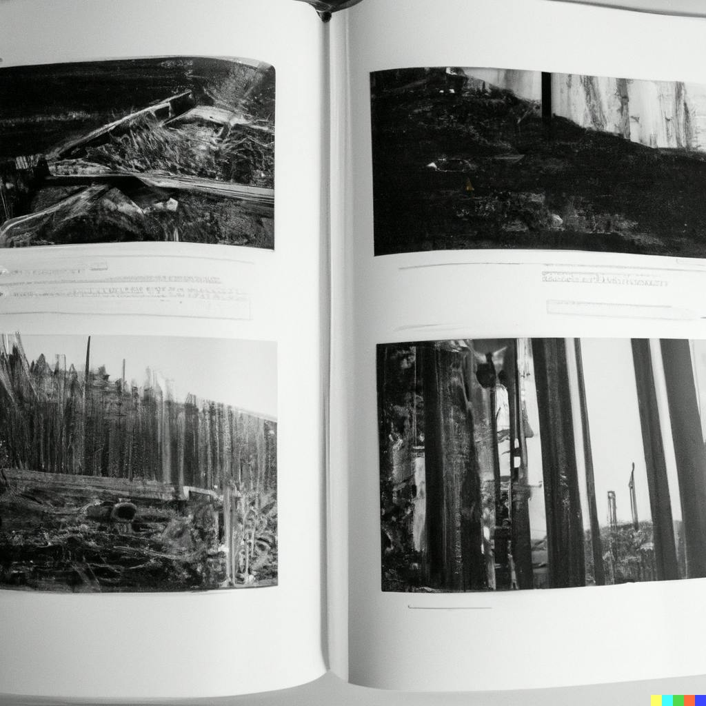DALL·E 2023-10-26 00.45.03 - opened minimal photo book black pages spread with vintage 1900s black and white photographs of logging in new england.png