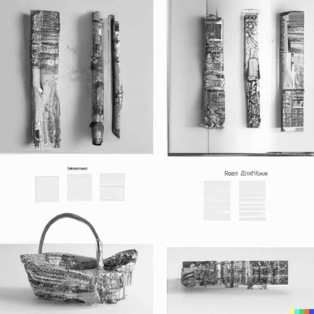 DALL·E 2023-10-26 00.53.03 - minimal photo book two page spread with black and white photographs of native american birch bark crafts.png