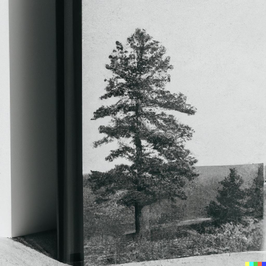 DALL·E 2023-10-25 22.43.58 - Minimalistic professionally bound photo book with vintage 1900s black and white photograph of a large old growth white pine tree on the cover.png